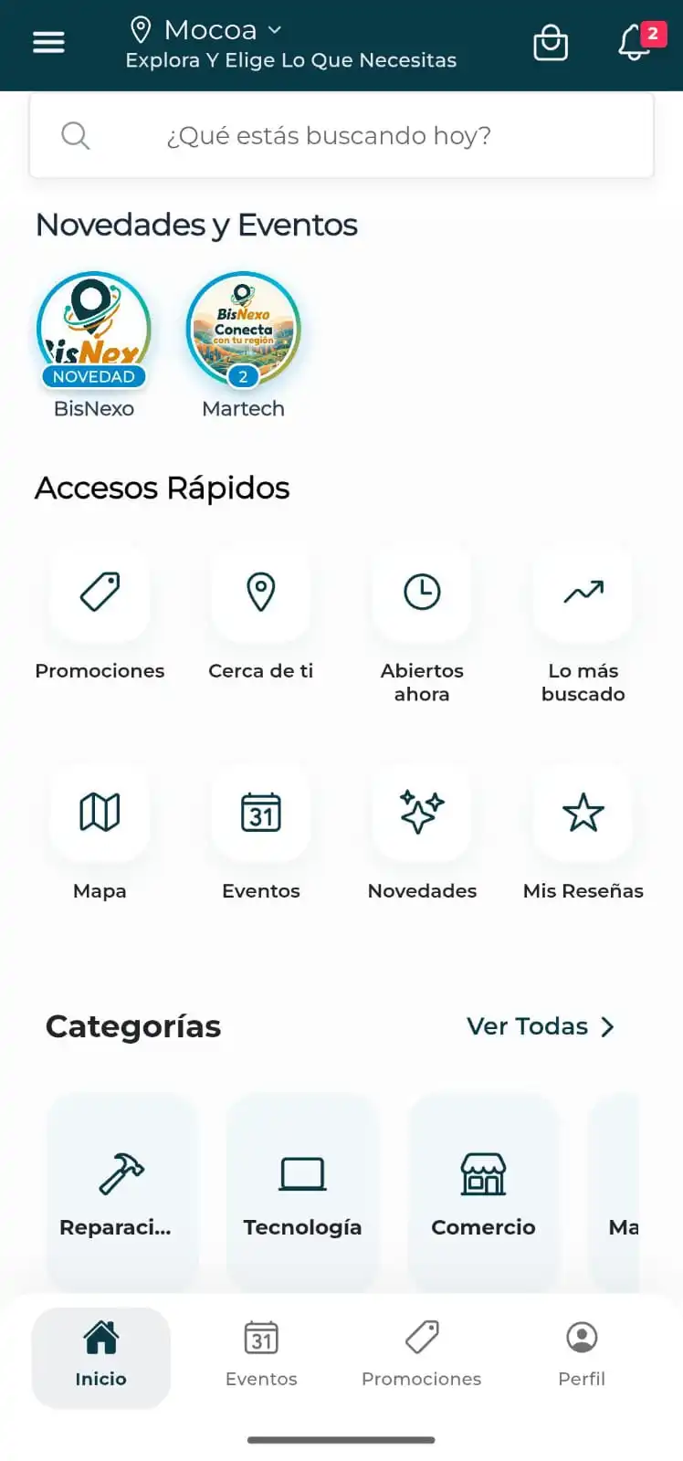 Pantalla principal de la app móvil BisNexo